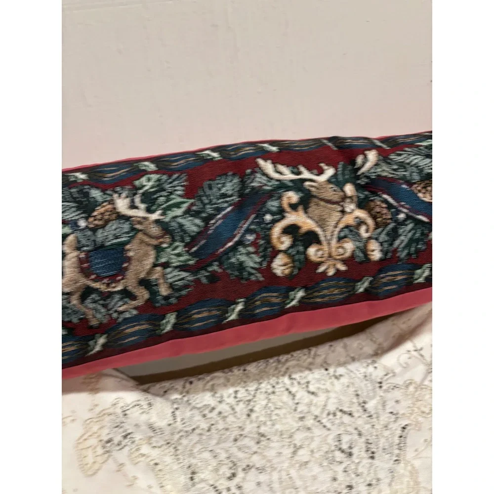 Vintage Woodland Tapestry Bolster Pillow Stag Reindeer Pinecone Burgundy 31 Inch